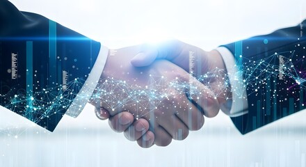 Business partnership success handshake with futuristic cityscape overlay digital concept