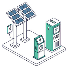 Isometric illustration of solar powered electric vehicle charging station with charging points and panels