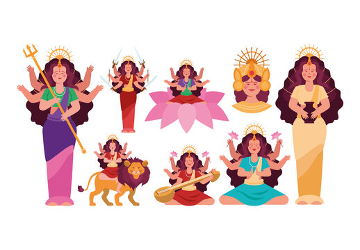 Colorful Navaratri Goddess Durga Hindu Illustration Set