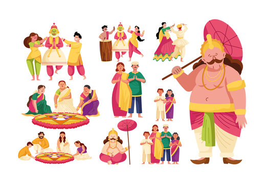 Colorful Onam Festival Persons Illustration Set