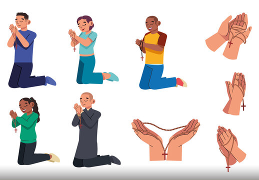 Colorful Rosary Prayer Religion Illustrations Set