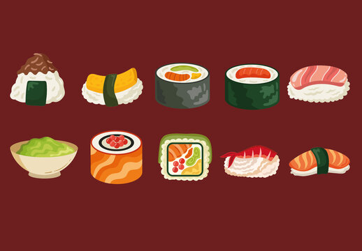 Colorful Sushi Japanese Food Illustrations Set