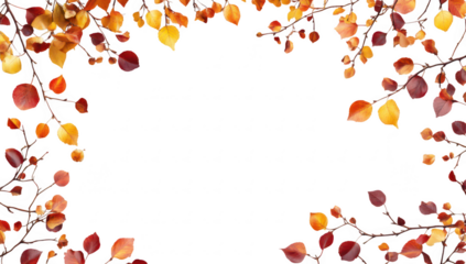 A autumn-themed border made of colorful leaves and branches framing a blank white space. ideal for seasonal greetings. invitations. or nature-themed designs