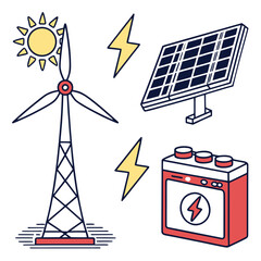 Renewable energy sources including a wind turbine solar panel and battery with lightning bolts symbolizing power