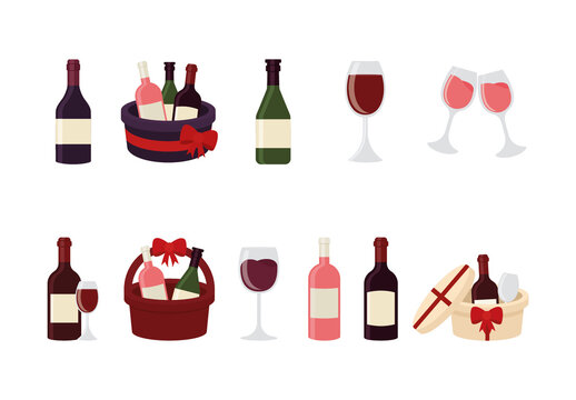 Colorful Wine Day Bottle Glass Celebration Illustrations Set