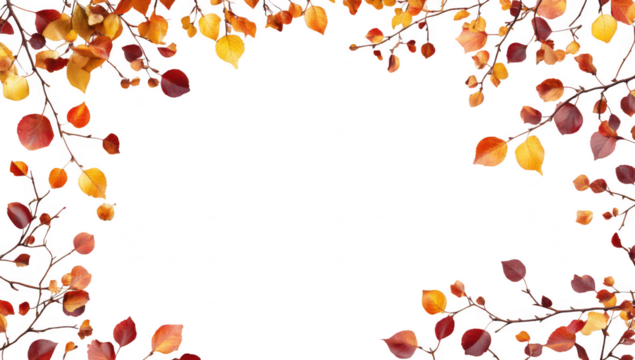 A autumn-themed border made of colorful leaves and branches framing a blank white space. ideal for seasonal greetings. invitations. or nature-themed designs