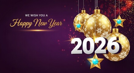 Happy New Year 2026 Celebration Festive Background with Ornaments and Stars Sparkling Design