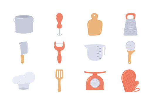 Orange And Gray Kitchen Cooking Tools Utensils Illustrations Set