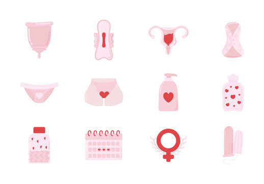 Pink And Red Period Menstruation Feminine Health Illustrations Set
