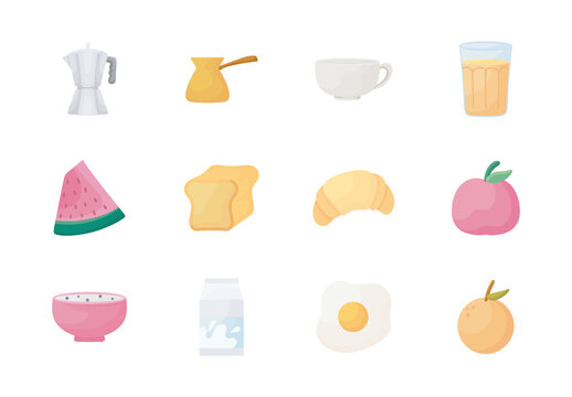 Pink And Yellow Breakfast Food Drink Illustrations Set