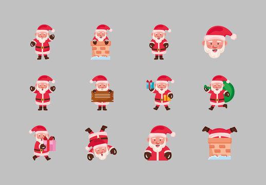 Red Santa Claus Character Christmas Illustrations Set