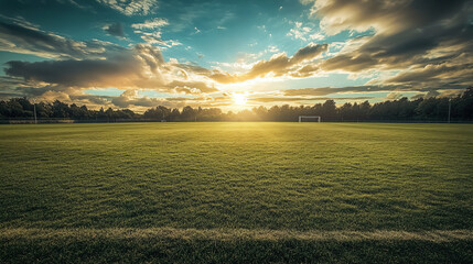 Sunlit Soccer Field with Worn Grass Beneath Dramatic Sky