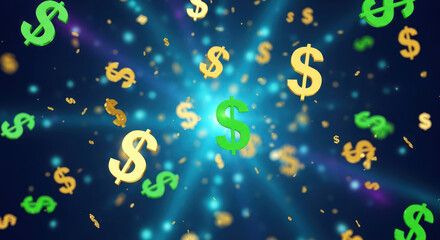 A vibrant, colorful background with a mix of green and yellow dollar signs and confetti, creating a festive and energetic atmosphere.