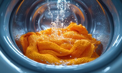 Laundry in a washing machine, water splashing