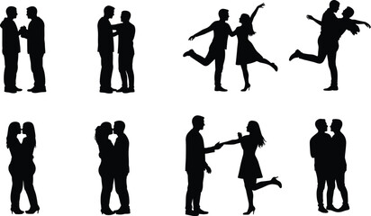 Silhouette couples dancing, romantic embrace, love relationship poses, man lifting woman, celebration joy, partner connection, black figures, white background,