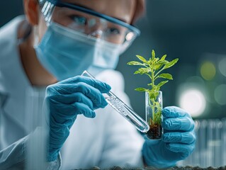 Scientist examining plant in test tube in laboratory setting.
