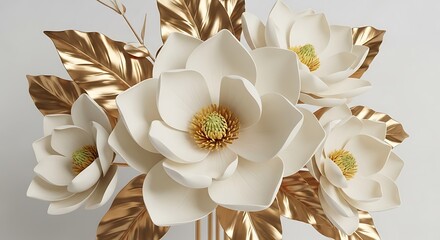 Elegant white magnolia flowers with gold leaves isolated on white background