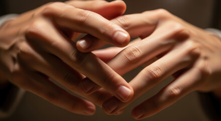 Fototapeta premium Close Up of Intertwined Human Hands with Soft Lighting Emphasizing Texture and Detail in a Neutral Toned Setting Evoking a Sense of Connection and Thoughtfulness