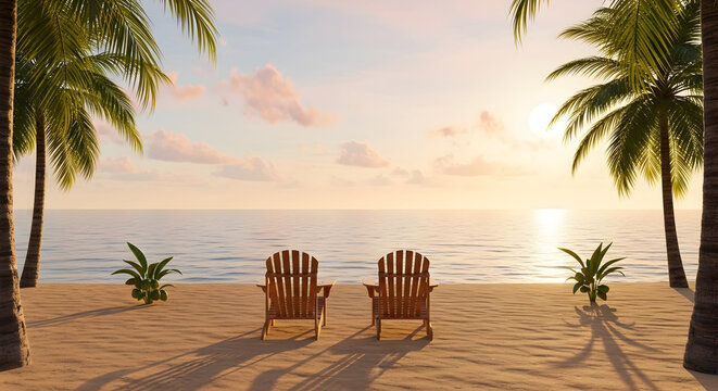 Two wooden lounge chairs on a tranquil sandy beach framed by palm trees at pastel sunset, romantic tropical seascape