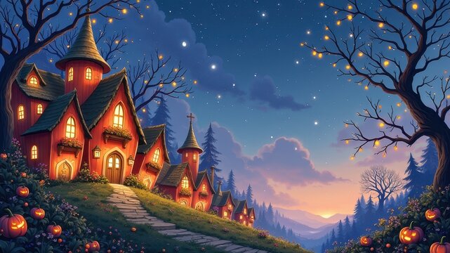 Enchanted fairy tale village at dawn with festive autumn decorations and starry sky