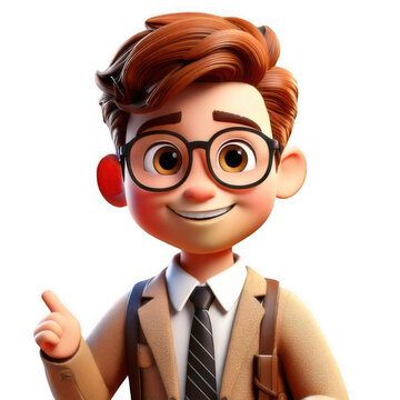 3D Cute cartoon male teacher character on transparent background.