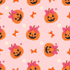 Seamless Halloween pattern with cute pumpkins, Jack-o’-Lantern faces and pink bows on pastel background. Playful holiday design for kids, textile, wrapping paper, and decoration.