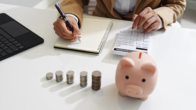 Business person writing financial notes with stacked coins and piggy bank, symbolizing savings, money management, and investment planning.
