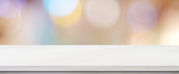 Empty white table top, counter, desk background over blur  bokeh background, White marble stone table, shelf and blurred kitchen restaurant for food, product display mockup, template