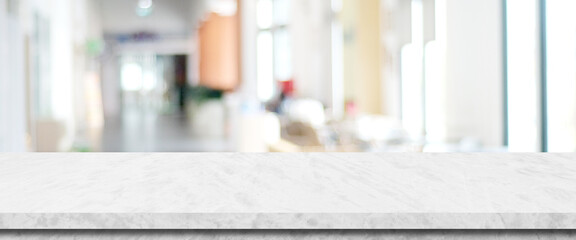 Empty white marble table over blur office background,  Vertical stone desk for product display mock...