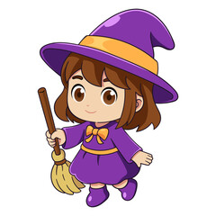 A whimsical cartoon illustration of a little girl dressed as a witch, 