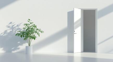 Minimalist interior with open door and potted plant in bright room