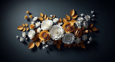 A beautiful arrangement of white and golden paper flowers with leaves on a dark background