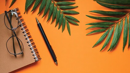 Warm Orange Background with Stationery and Palm Leaves.