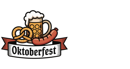 Vintage Oktoberfest Badge Design with Beer Stein, Pretzel, Sausage, and Ribbon Banner in Flat Vector Style