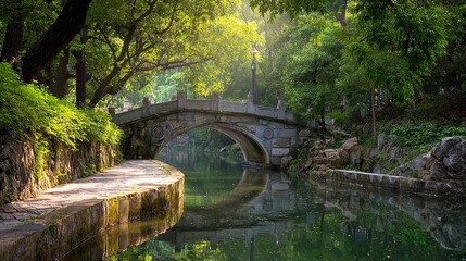 Stone arch bridge over tranquil stream in lush forested park