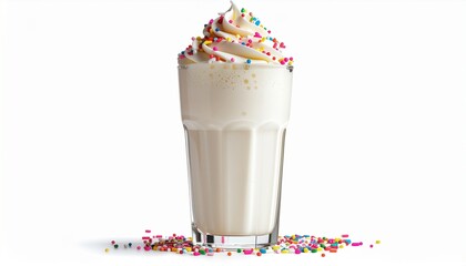 A vanilla milkshake with whipped cream and colorful sprinkles in a glass.