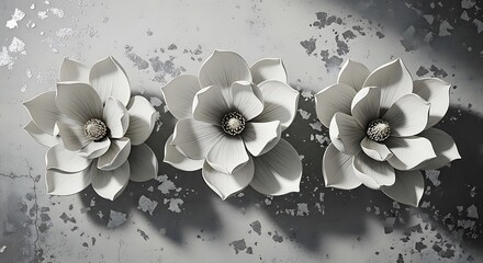 Three realistic white paper magnolia flowers with detailed centers on a distressed background