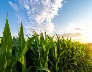 Obraz premium Growing corn field with vibrant green leaves at sunset