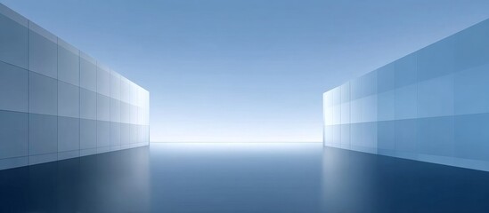 Abstract futuristic corridor with glowing blue walls and reflective floor