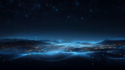 Nighttime landscape with glowing blue waves and starry sky over mountainous terrain