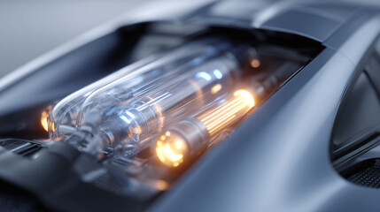Closeup of a modern car engine with glowing tubes, representing cuttingedge technology, innovation, and power. Ideal for automotive, engineering, and futuristic themes.