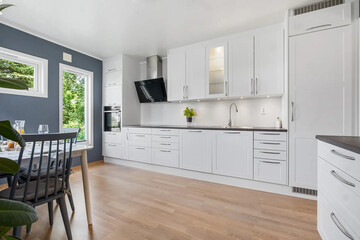 Modern luxury kitchen interior in minimal scandinavian style, 3d render