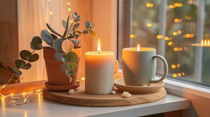 Potted plant and candle on a wooden tray beside a mug set on a saucer String lights are visible in the background near