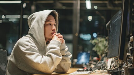 Young asian man programmer thinking in front of computer with code on screen. Software development, artificial intelligence, and coding.