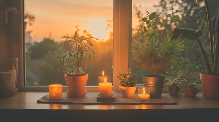 Various potted plants and lit candles rest on a windowsill during sunset reflecting the sunlight