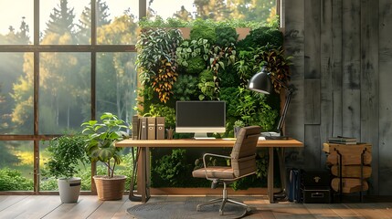 Desk and computer in home office featuring vertical garden wall office chair wooden desk table lamp and wooded paneling