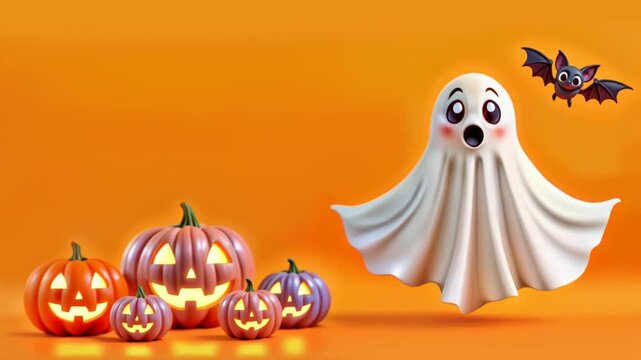 Halloween: Cute cartoon ghost with a surprised expression, a small bat flies next to the ghost who is hovering on an orange background, pumpkins shimmer and glow from the inside, casting a glow.