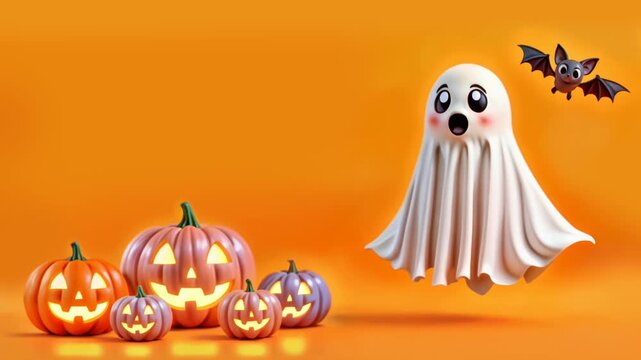 Halloween: Cute cartoon ghost with a surprised expression, a small bat flies next to the ghost who is hovering on an orange background, pumpkins shimmer and glow from the inside, casting a glow.