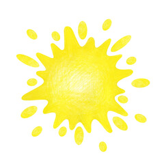 Pencil drawing of a bright yellow sun with rays. The illustration is isolated on a white background. A painted image of clarity and calmness. Joy. Weather. Clipart.