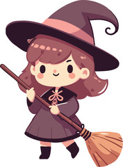 A cute cartoon witch holding a broomstick, wearing a pointy hat